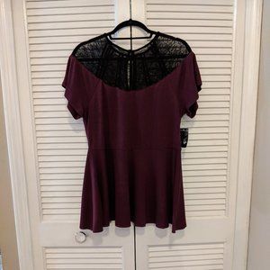 Torrid Wine Peplum Top w/Black Lace Yoke Size 0
